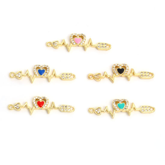 Picture of Brass Valentine's Day Connectors Gold Plated Multicolor Arrow Through Heart Medical Heartbeat/ Electrocardiogram Enamel Clear Cubic Zirconia 3.1cm x 0.9cm                                                                                                    