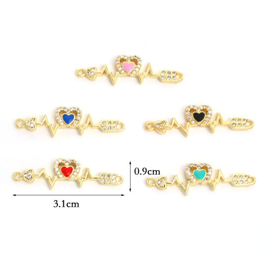 Picture of Brass Valentine's Day Connectors Gold Plated Multicolor Arrow Through Heart Medical Heartbeat/ Electrocardiogram Enamel Clear Cubic Zirconia 3.1cm x 0.9cm                                                                                                    