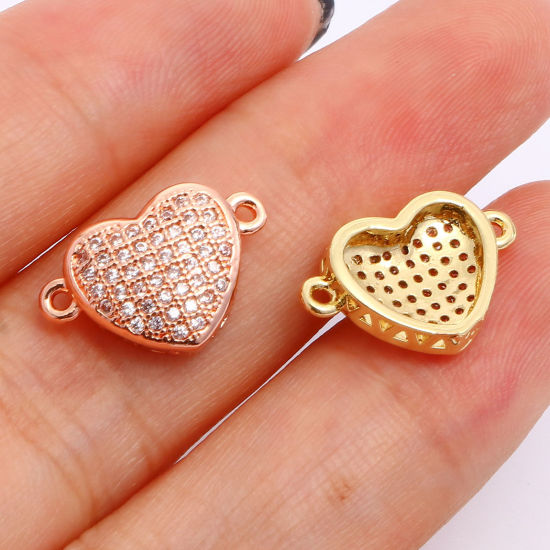 Bild von Messing Valentinstag Verbinder Herz Micro Pave Klar Kubischer Zirkon 16mm x 10mm, 2 Stück                                                                                                                                                                     