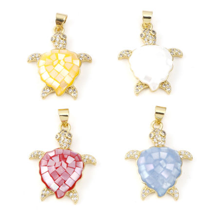 Image de Pendentifs Bijoux d'Océan en Coquille Naturelle & Cuivre Plaqué Or 18K Multicolore Tortue de Mer 3D à Zircone Cubique Clair 3.1cm x 2.1cm, 1 Pièce