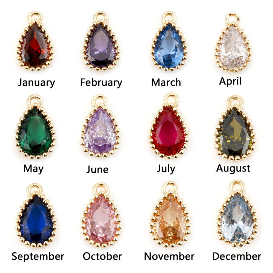 Immagine di Ottone Pietre Nascita Charms Goccia Vero Oro Placcato Multicolore Cubic Zirconiae 8mm x 5mm, 2 Pz
