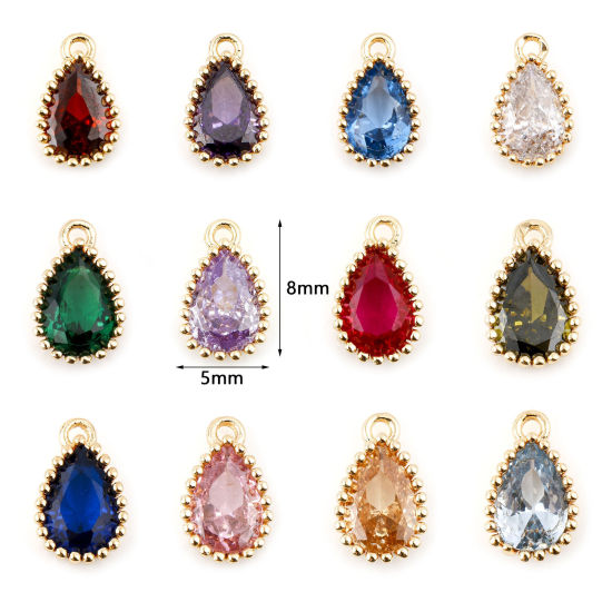 Immagine di Ottone Pietre Nascita Charms Goccia Vero Oro Placcato Multicolore Cubic Zirconiae 8mm x 5mm, 2 Pz
