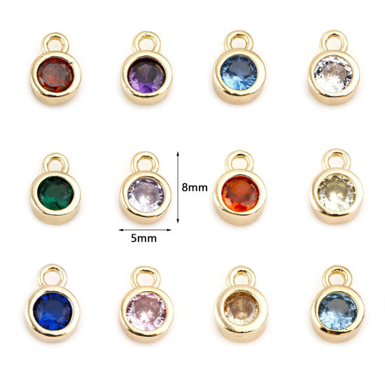 Picture of Brass Birthstone Charms Round Real Gold Plated Multicolour Cubic Zirconia 8mm x 5mm