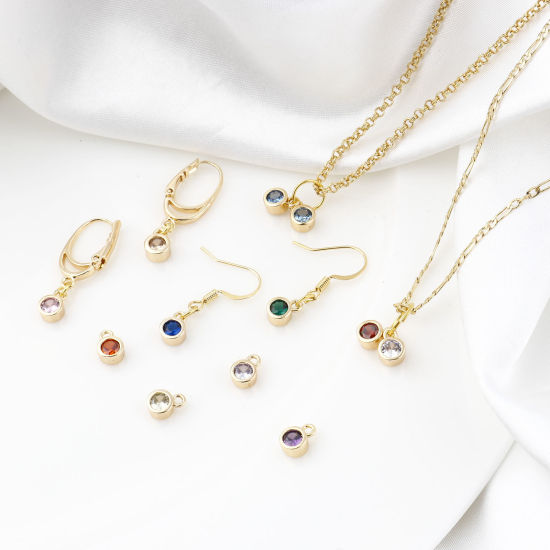 Picture of Brass Birthstone Charms Round Real Gold Plated Multicolour Cubic Zirconia 8mm x 5mm