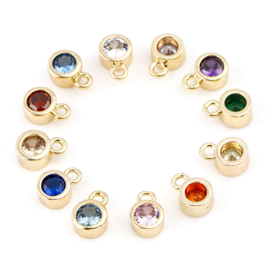 Image de Breloques Pierres de Naissance en Laiton Rond Plaqué Or Véritable à Zircone Cubique Multicolore 8mm x 5mm, 3 Pcs                                                                                                                                              