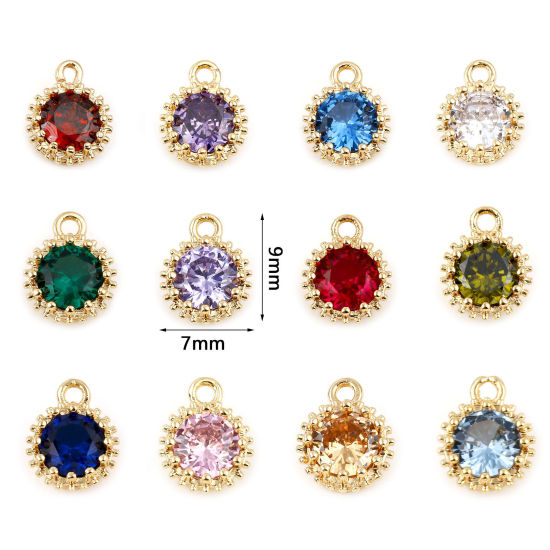 Bild von Messing Monatsstein Charms Rund Echtgold plattiert Bunt Zirkonia 9mm x 7mm, 2 Stück
