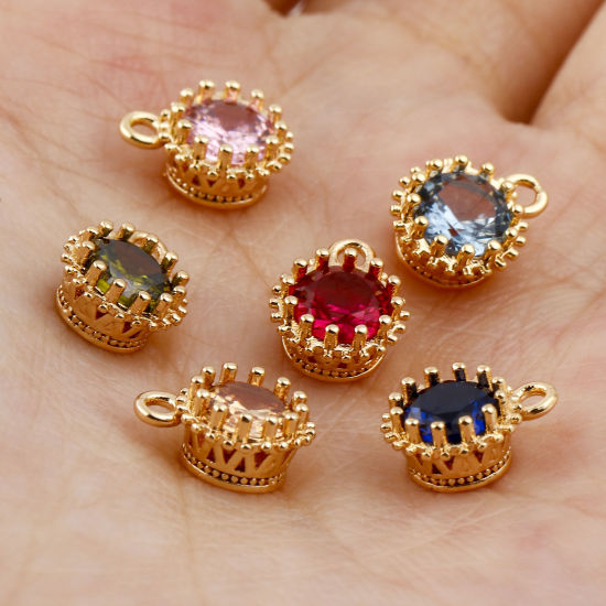 Bild von Messing Monatsstein Charms Rund Echtgold plattiert Bunt Zirkonia 9mm x 7mm, 2 Stück