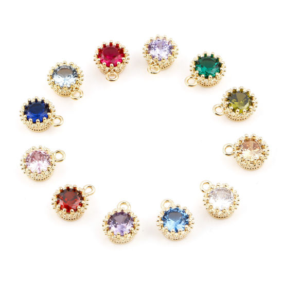 Bild von Messing Monatsstein Charms Rund Echtgold plattiert Bunt Zirkonia 9mm x 7mm, 2 Stück