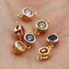 Imagen de Latón piedra del zodíaco Conectores Oro Real Chapado Ronda Multicolor Circón Artificial 9mm x 5mm, 2 Unidades
