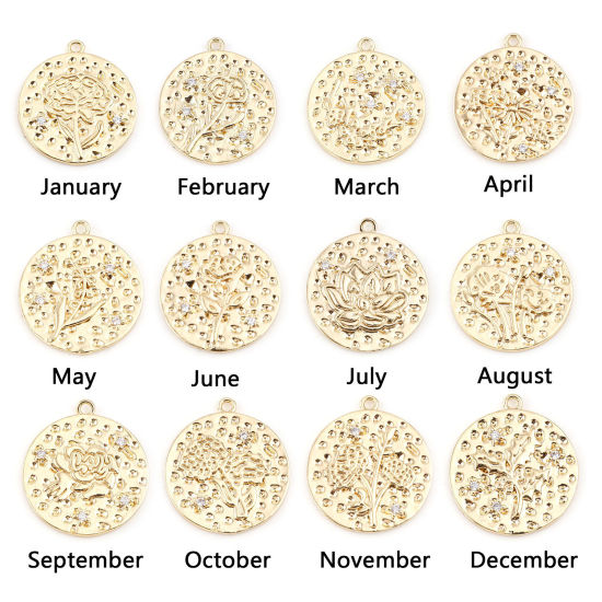 Immagine di Ottone Fiore del Mese di Nascita Charms Tondo Vero Oro Placcato Trasparente Cubic Zirconiae 22mm x 20mm, 2 Pz