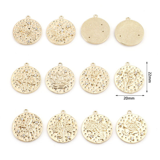 Immagine di Ottone Fiore del Mese di Nascita Charms Tondo Vero Oro Placcato Trasparente Cubic Zirconiae 22mm x 20mm, 2 Pz