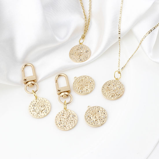 Immagine di Ottone Fiore del Mese di Nascita Charms Tondo Vero Oro Placcato Trasparente Cubic Zirconiae 22mm x 20mm, 2 Pz