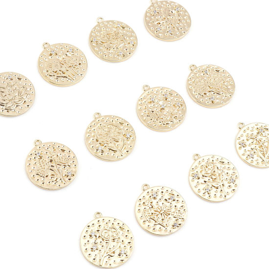 Immagine di Ottone Fiore del Mese di Nascita Charms Tondo Vero Oro Placcato Trasparente Cubic Zirconiae 22mm x 20mm, 2 Pz