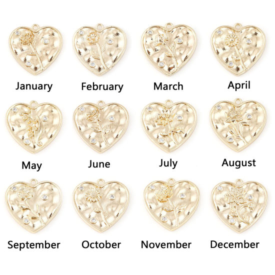 Изображение Латунь Месяц рождения цветок Подвески Сердце настоящее золото с покрытием Прозрачный Искусственный Циркон 20мм x 20мм, 2 ШТ