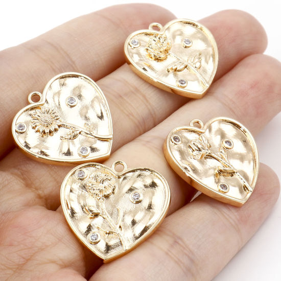 Изображение Латунь Месяц рождения цветок Подвески Сердце настоящее золото с покрытием Прозрачный Искусственный Циркон 20мм x 20мм, 2 ШТ