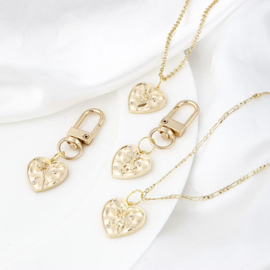 Изображение Латунь Месяц рождения цветок Подвески Сердце настоящее золото с покрытием Прозрачный Искусственный Циркон 20мм x 20мм, 2 ШТ