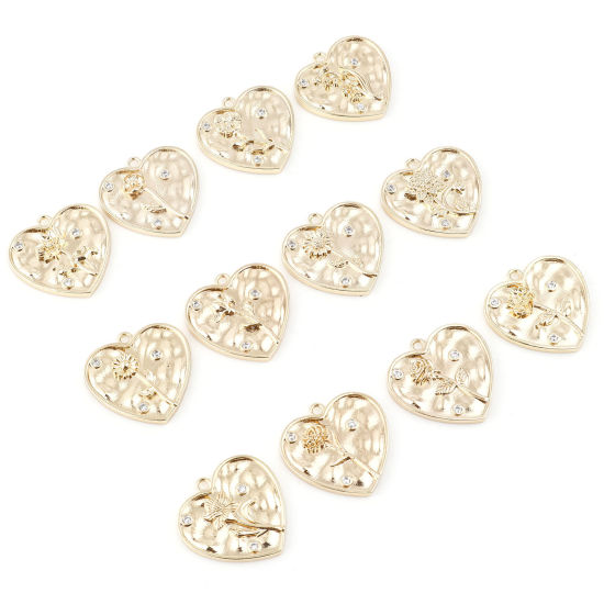 Изображение Латунь Месяц рождения цветок Подвески Сердце настоящее золото с покрытием Прозрачный Искусственный Циркон 20мм x 20мм, 2 ШТ