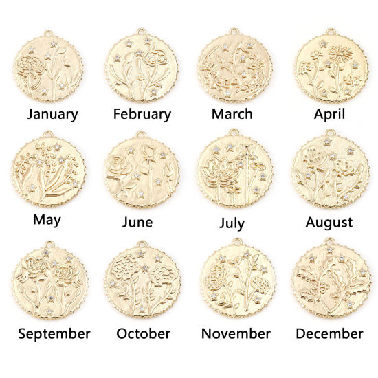 Изображение Латунь Месяц рождения цветок Подвески Круглые настоящее золото с покрытием Прозрачный Искусственный Циркон 23мм x 22мм, 2 ШТ