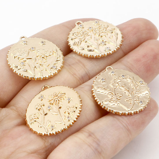 Изображение Латунь Месяц рождения цветок Подвески Круглые настоящее золото с покрытием Прозрачный Искусственный Циркон 23мм x 22мм, 2 ШТ