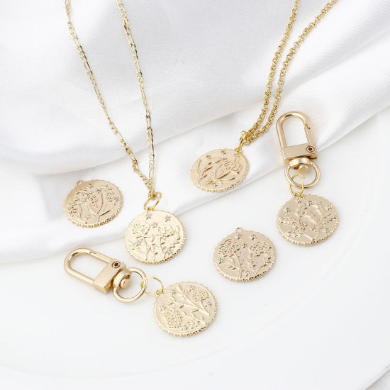 Изображение Латунь Месяц рождения цветок Подвески Круглые настоящее золото с покрытием Прозрачный Искусственный Циркон 23мм x 22мм, 2 ШТ