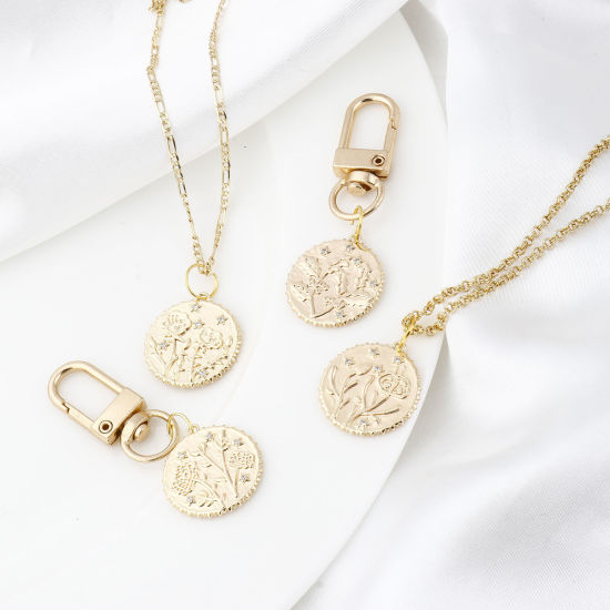 Изображение Латунь Месяц рождения цветок Подвески Круглые настоящее золото с покрытием Прозрачный Искусственный Циркон 23мм x 22мм, 2 ШТ