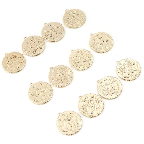 Изображение Латунь Месяц рождения цветок Подвески Круглые настоящее золото с покрытием Прозрачный Искусственный Циркон 23мм x 22мм, 2 ШТ