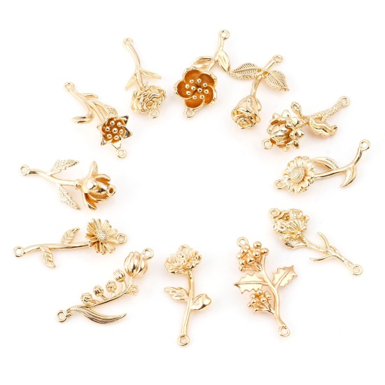 Picture of Brass Birth Month Flower Connectors Real Gold Plated Flower