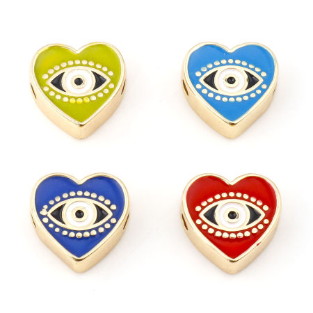 Brass Valentine's Day Beads Real Gold Plated Multicolor Heart Evil Eye Enamel About 11mm x 11mm