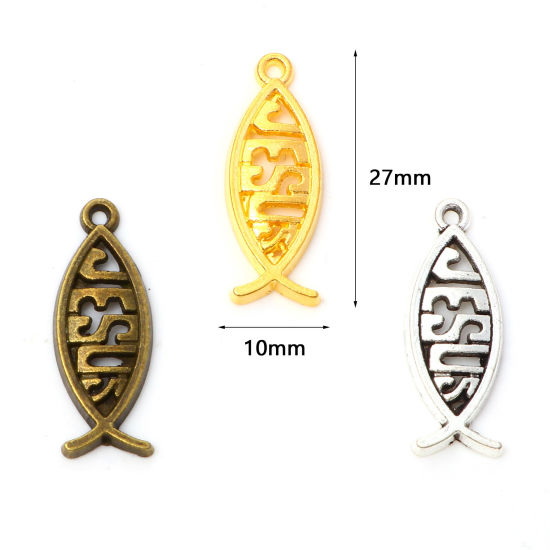 Picture of Zinc Based Alloy Religious Charms Multicolor Jesus/ Christian Fish Ichthys Hollow 27mm x 10mm