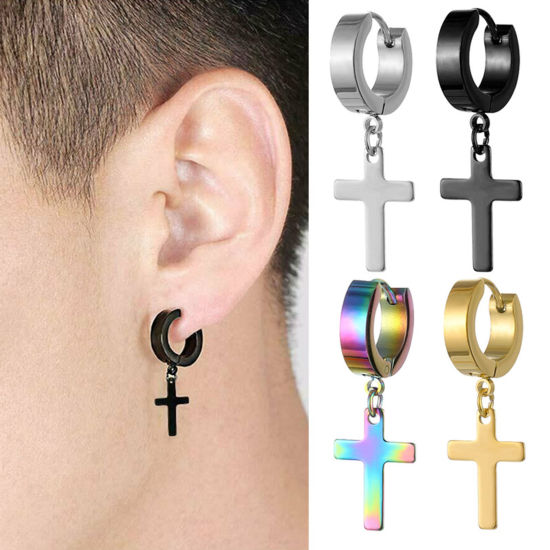 Image de Boucles d'Oreilles Créole Anneaux en Acier Inoxydable Religieux Multicolore Rond Croix 33mm , Epaisseur de Fil: (18 gauge), 2 Pcs