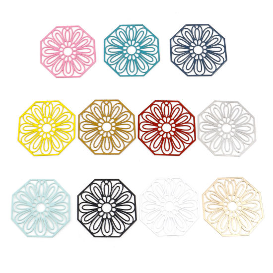 Immagine di Lega di Ferro Filigree Stamping Ciondoli Ottagono Multicolore Fiore Pittura 3.6cm x 3.6cm , 10 Pz