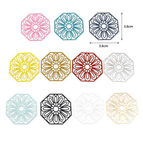 Immagine di Lega di Ferro Filigree Stamping Ciondoli Ottagono Multicolore Fiore Pittura 3.6cm x 3.6cm , 10 Pz