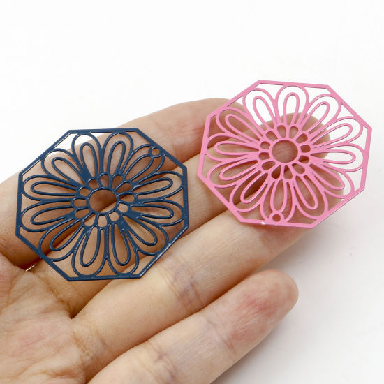 Immagine di Lega di Ferro Filigree Stamping Ciondoli Ottagono Multicolore Fiore Pittura 3.6cm x 3.6cm , 10 Pz