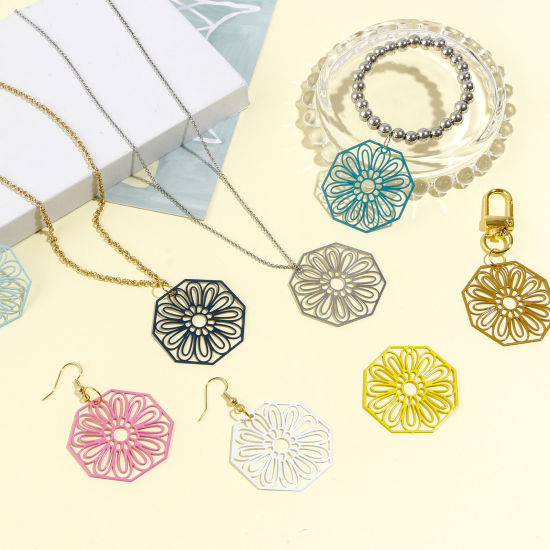 Immagine di Lega di Ferro Filigree Stamping Ciondoli Ottagono Multicolore Fiore Pittura 3.6cm x 3.6cm , 10 Pz