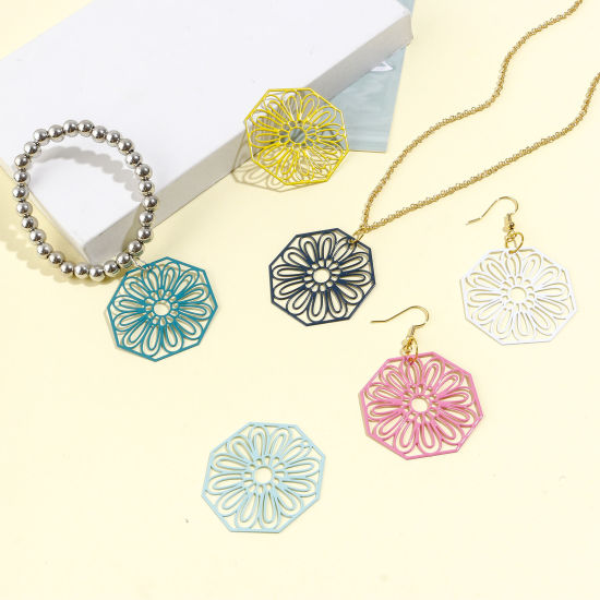 Immagine di Lega di Ferro Filigree Stamping Ciondoli Ottagono Multicolore Fiore Pittura 3.6cm x 3.6cm , 10 Pz