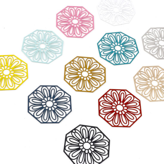 Immagine di Lega di Ferro Filigree Stamping Ciondoli Ottagono Multicolore Fiore Pittura 3.6cm x 3.6cm , 10 Pz