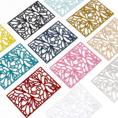 Iron Based Alloy Filigree Stamping Pendants Multicolor Rectangle Painted 5.3cm x 3.6cm, 5 PCs