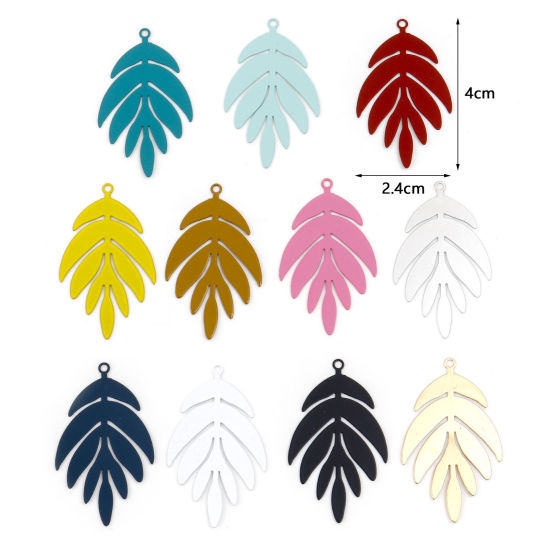 Bild von Eisenlegierung Filigran Stempel Verzierung Anhänger Blätter Bunt Spritzlackierung 4cm x 2.4cm, 10 Stück