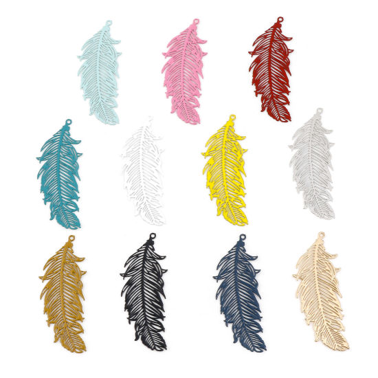 Picture of Iron Based Alloy Filigree Stamping Pendants Multicolor Feather Painted 4.1cm x 1.6cm, 20 PCs