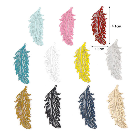 Picture of Iron Based Alloy Filigree Stamping Pendants Multicolor Feather Painted 4.1cm x 1.6cm, 20 PCs