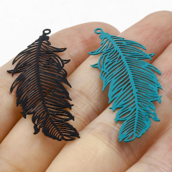 Picture of Iron Based Alloy Filigree Stamping Pendants Multicolor Feather Painted 4.1cm x 1.6cm, 20 PCs