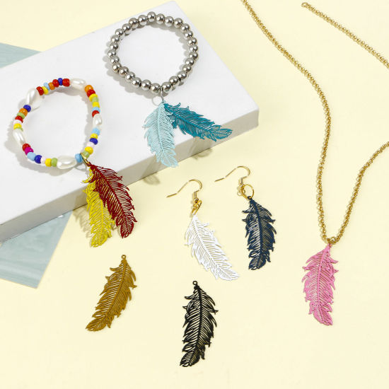 Picture of Iron Based Alloy Filigree Stamping Pendants Multicolor Feather Painted 4.1cm x 1.6cm, 20 PCs