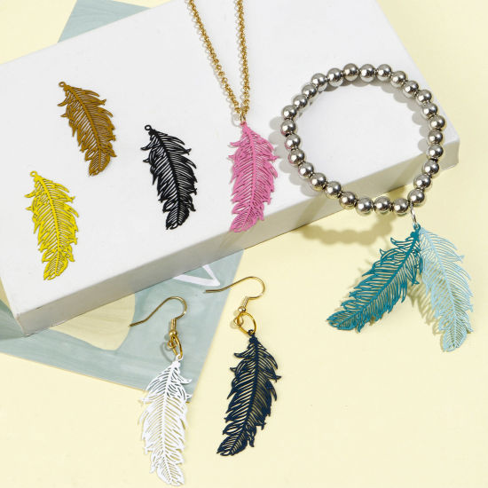 Picture of Iron Based Alloy Filigree Stamping Pendants Multicolor Feather Painted 4.1cm x 1.6cm, 20 PCs