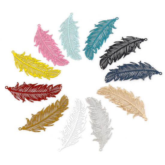 Picture of Iron Based Alloy Filigree Stamping Pendants Multicolor Feather Painted 4.1cm x 1.6cm, 20 PCs