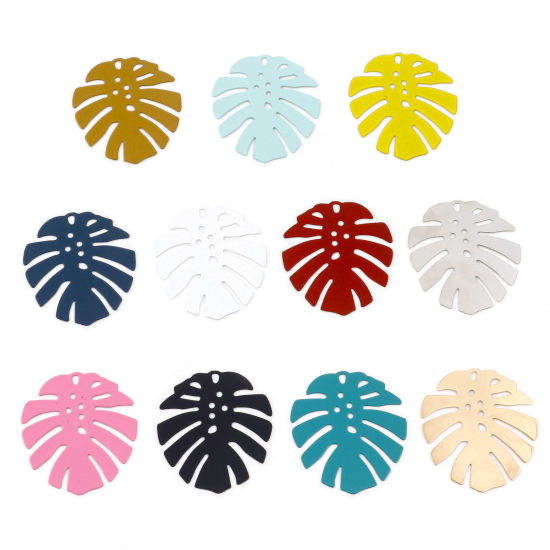 Immagine di Lega di Ferro Filigree Stamping Ciondoli Multicolore Foglia di Monstera Pittura 3.6cm x 3.2cm , 10 Pz