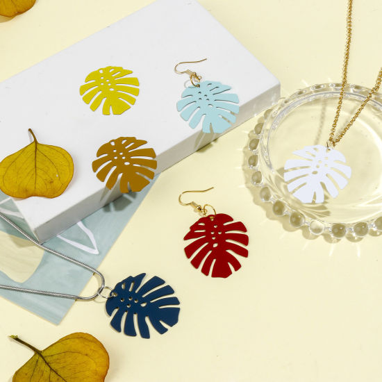 Immagine di Lega di Ferro Filigree Stamping Ciondoli Multicolore Foglia di Monstera Pittura 3.6cm x 3.2cm , 10 Pz