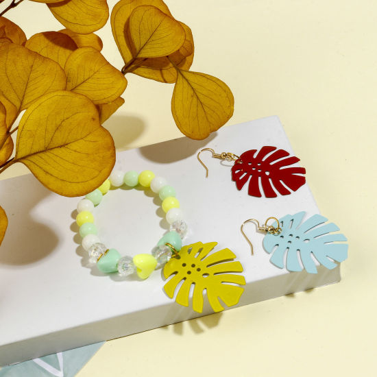 Immagine di Lega di Ferro Filigree Stamping Ciondoli Multicolore Foglia di Monstera Pittura 3.6cm x 3.2cm , 10 Pz