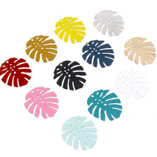Immagine di Lega di Ferro Filigree Stamping Ciondoli Multicolore Foglia di Monstera Pittura 3.6cm x 3.2cm , 10 Pz
