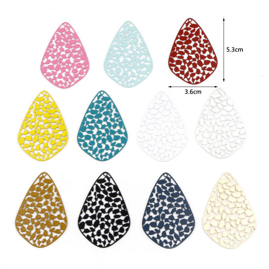 Imagen de Hierro Filigrana Estampación Colgantes Gota Multicolor Pintura 5.3cm x 3.6cm, 5 Unidades