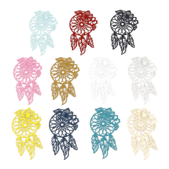 Picture of Iron Based Alloy Filigree Stamping Pendants Multicolor Dream Catcher Flower Painted 4.5cm x 2.6cm, 10 PCs